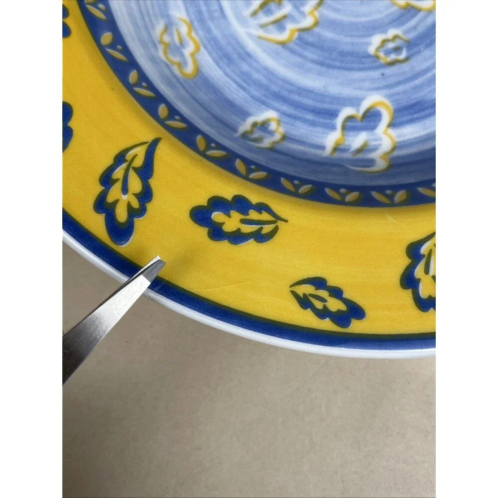 Set Of 4 Quadrifoglio‎ Blue & Yellow Leaf Pattern Bowls 8 3/4” Made in Italy